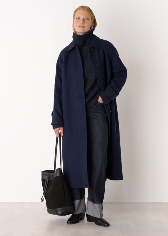 Navy Collar Detail Long Wool Coat